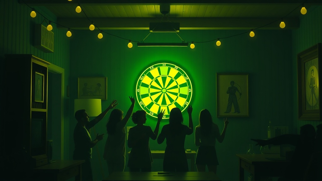 Party atmosphere with a glowing dartboard